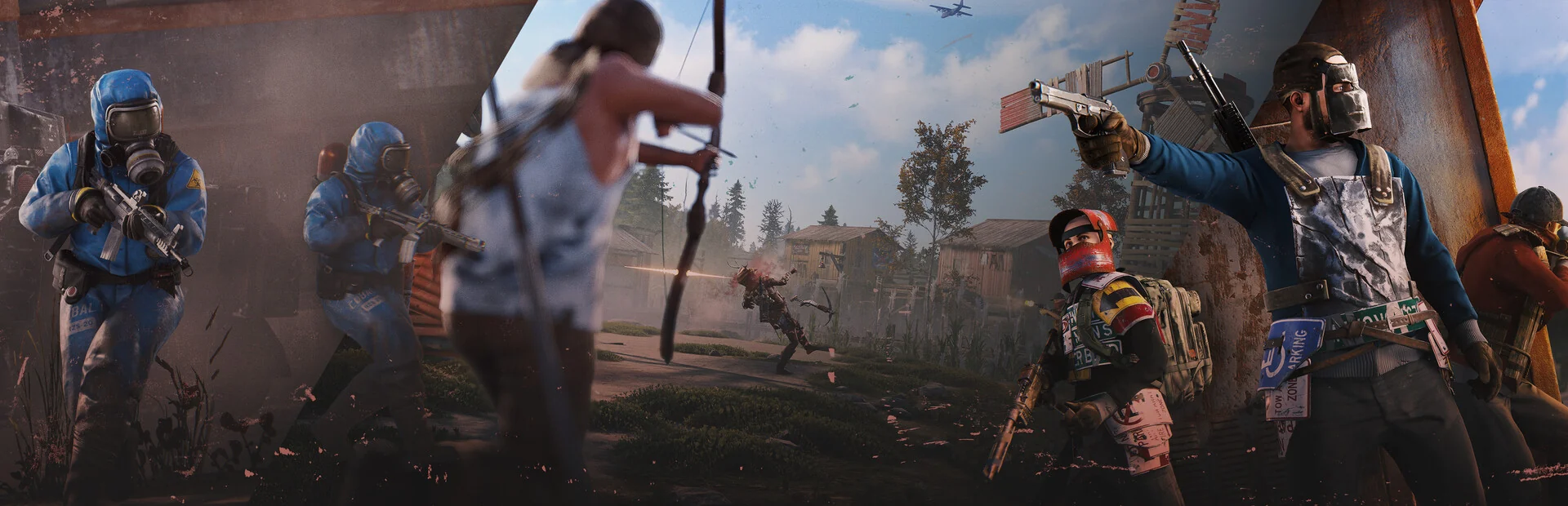 Rust survivors with rifles and a wooden bow near a metal compound — official Rust atmosphere, no UI text